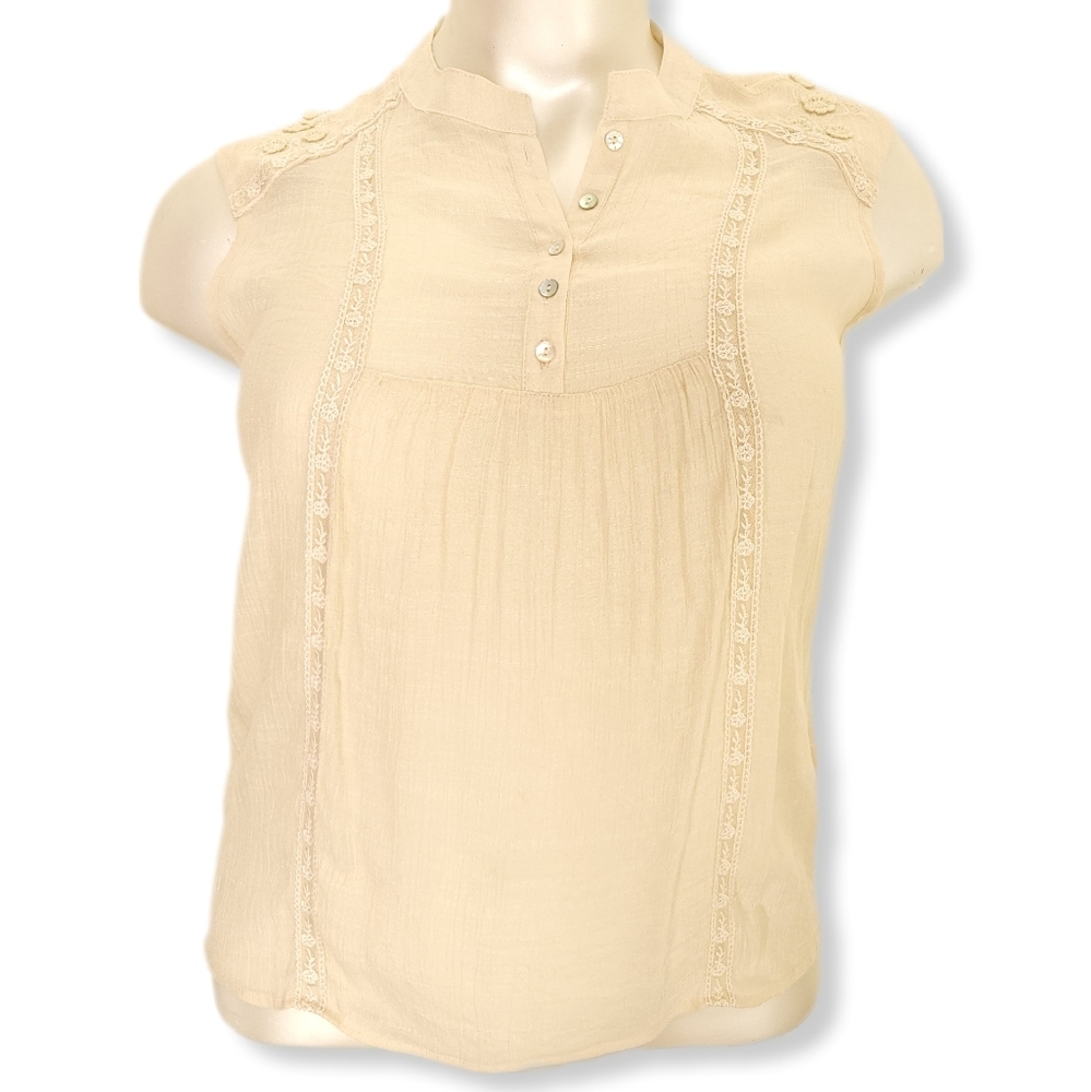 Adiva Womens XL Top Cream Sleeveless Sheer Floral Embroidered Pullover Boho